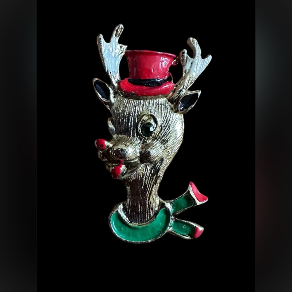 Festive Reindeer Brooch with Red Hat Gold Tone